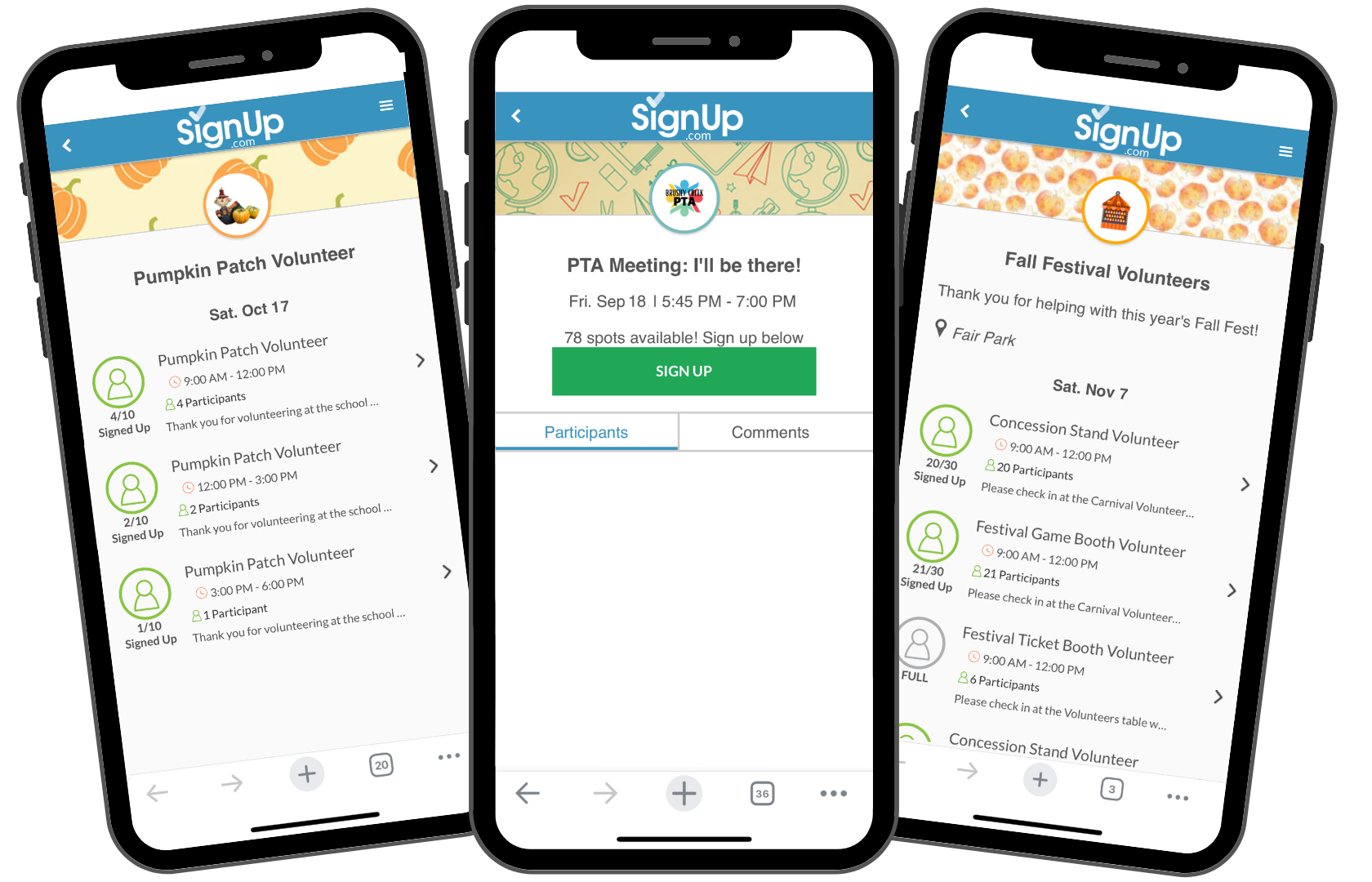 PTA and PTO event sign ups shown on iPhone screens using SignUp app