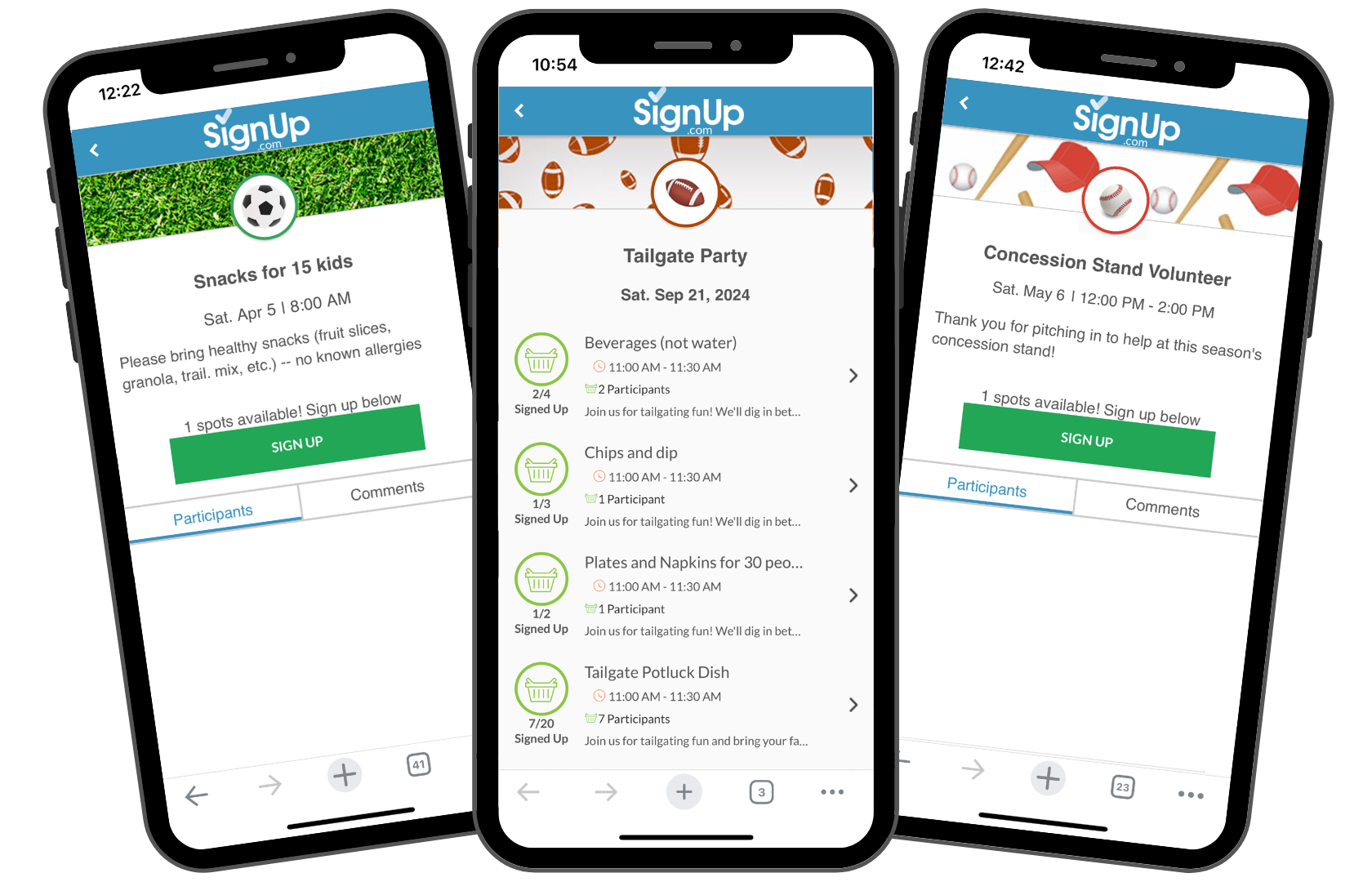 Sports SignUps on mobile phones: team snacks SignUp, tailgate party SignUp, baseball concession stand volunteer