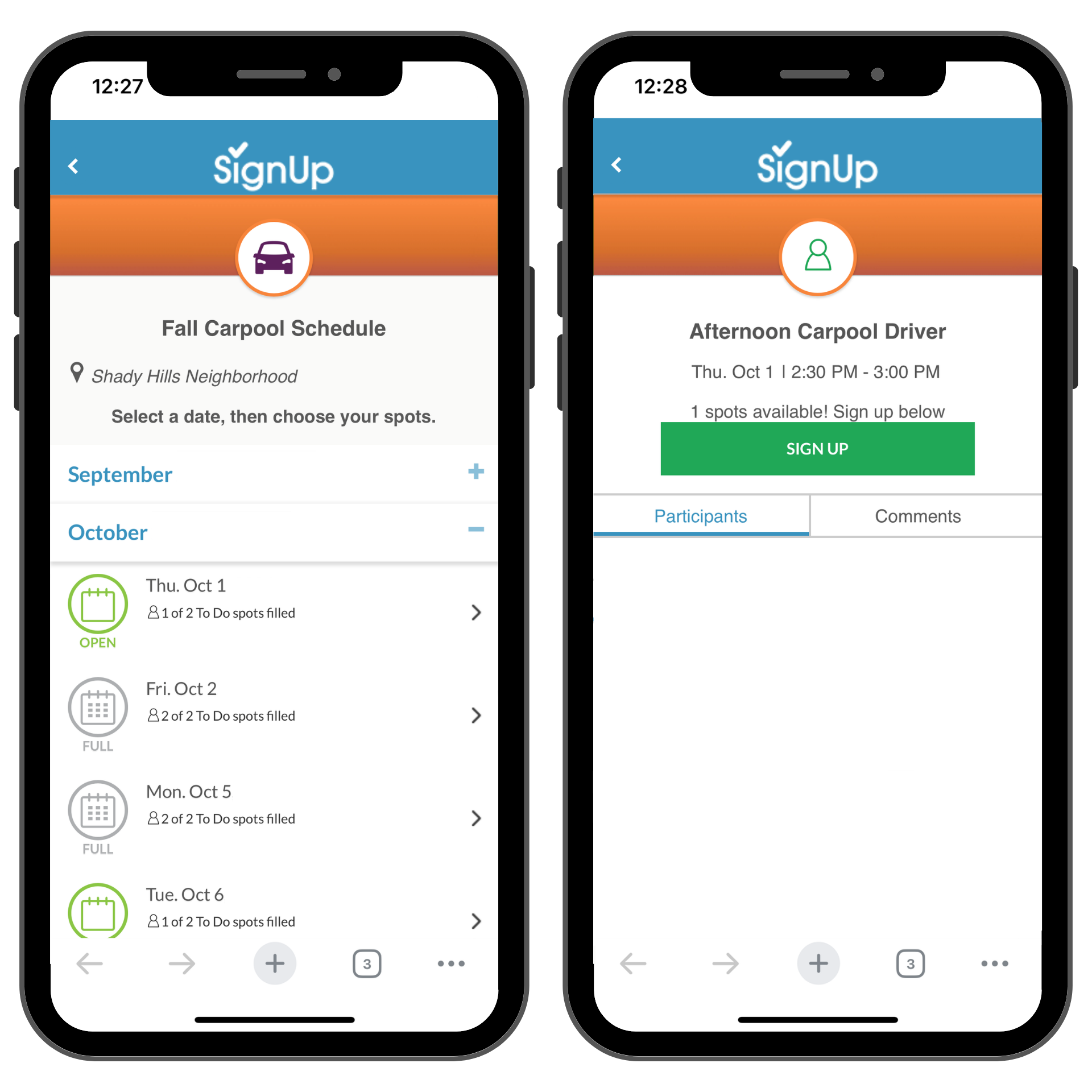 Fall carpool schedule SignUp on mobile phones