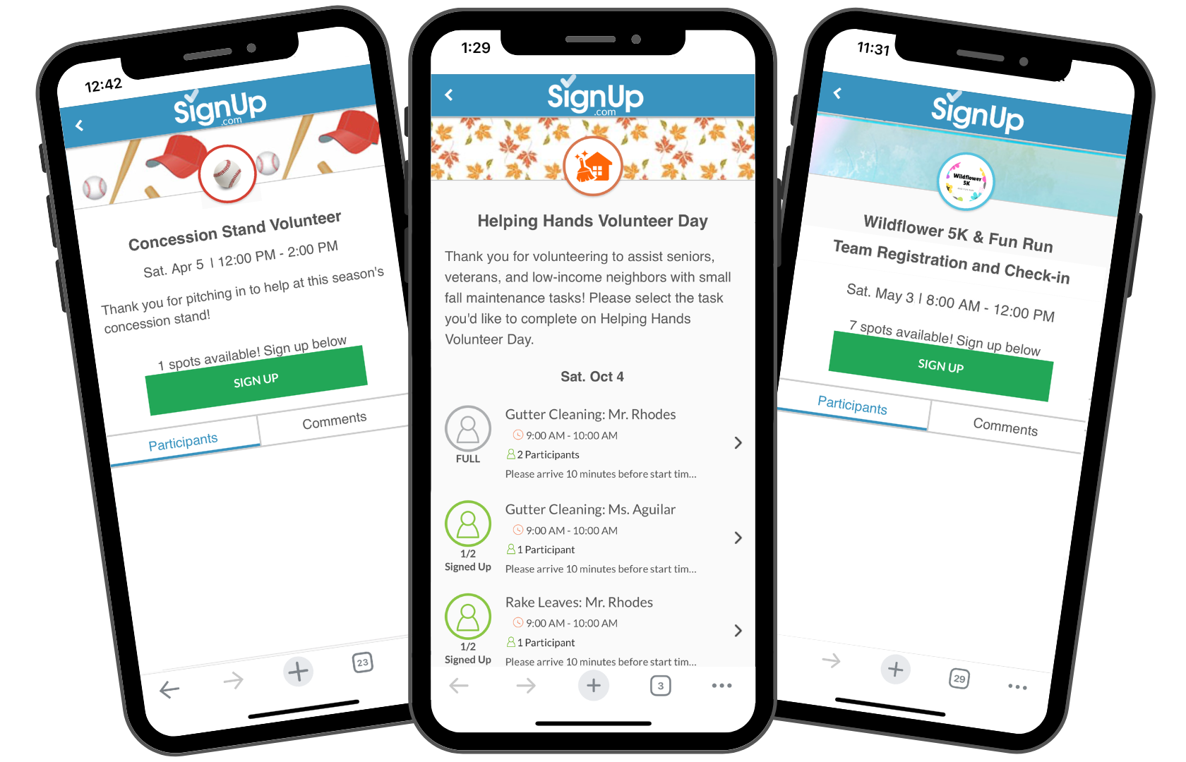 trio of volunteer SignUps on mobile phones