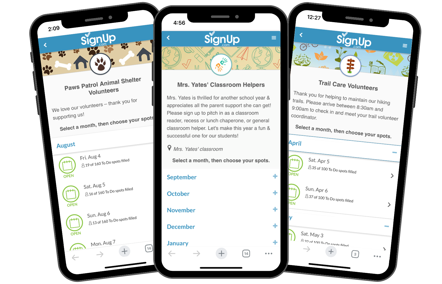 three iPhones with recurring volunteer SignUps on the screens