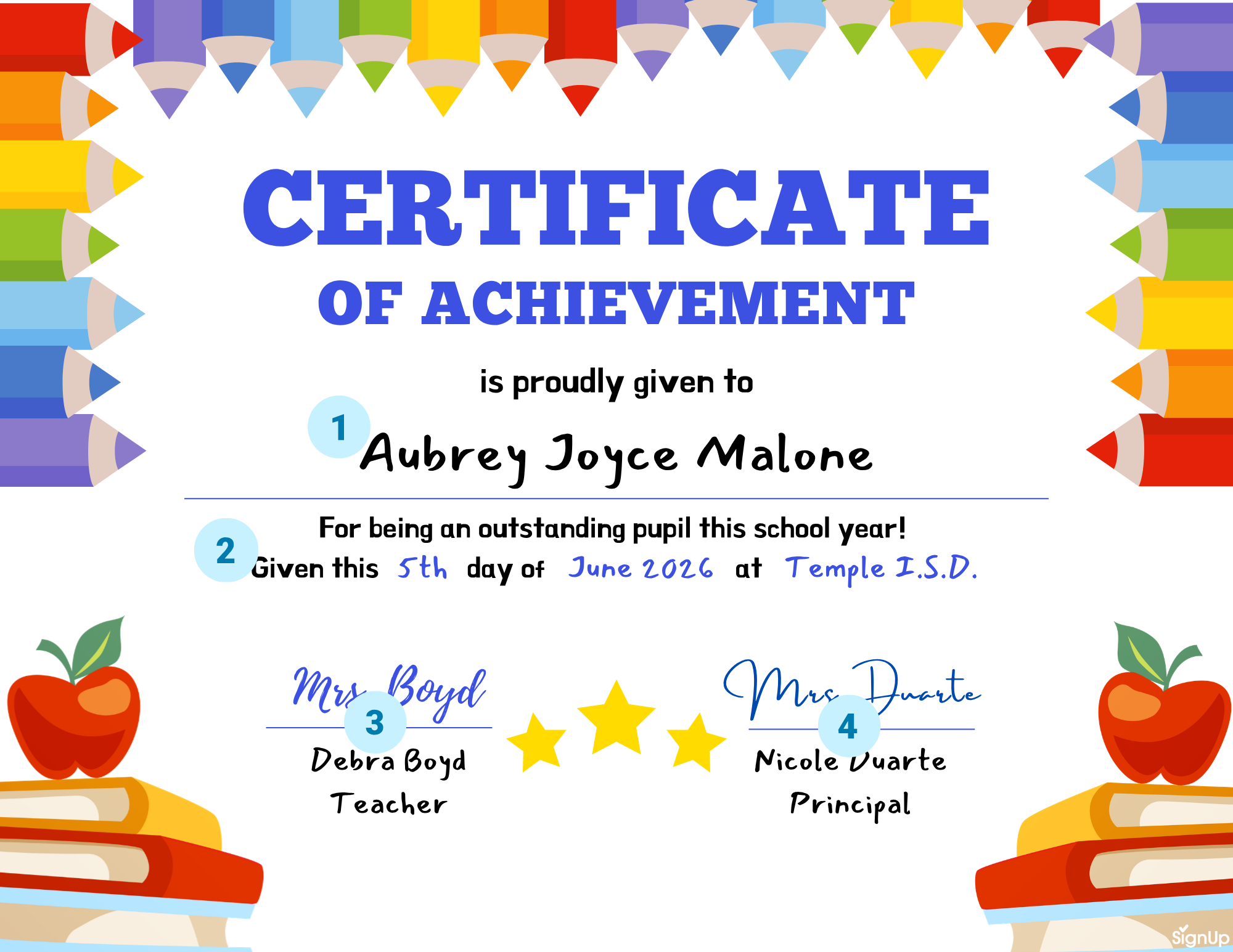 Certificate of Achievement for the last day of school