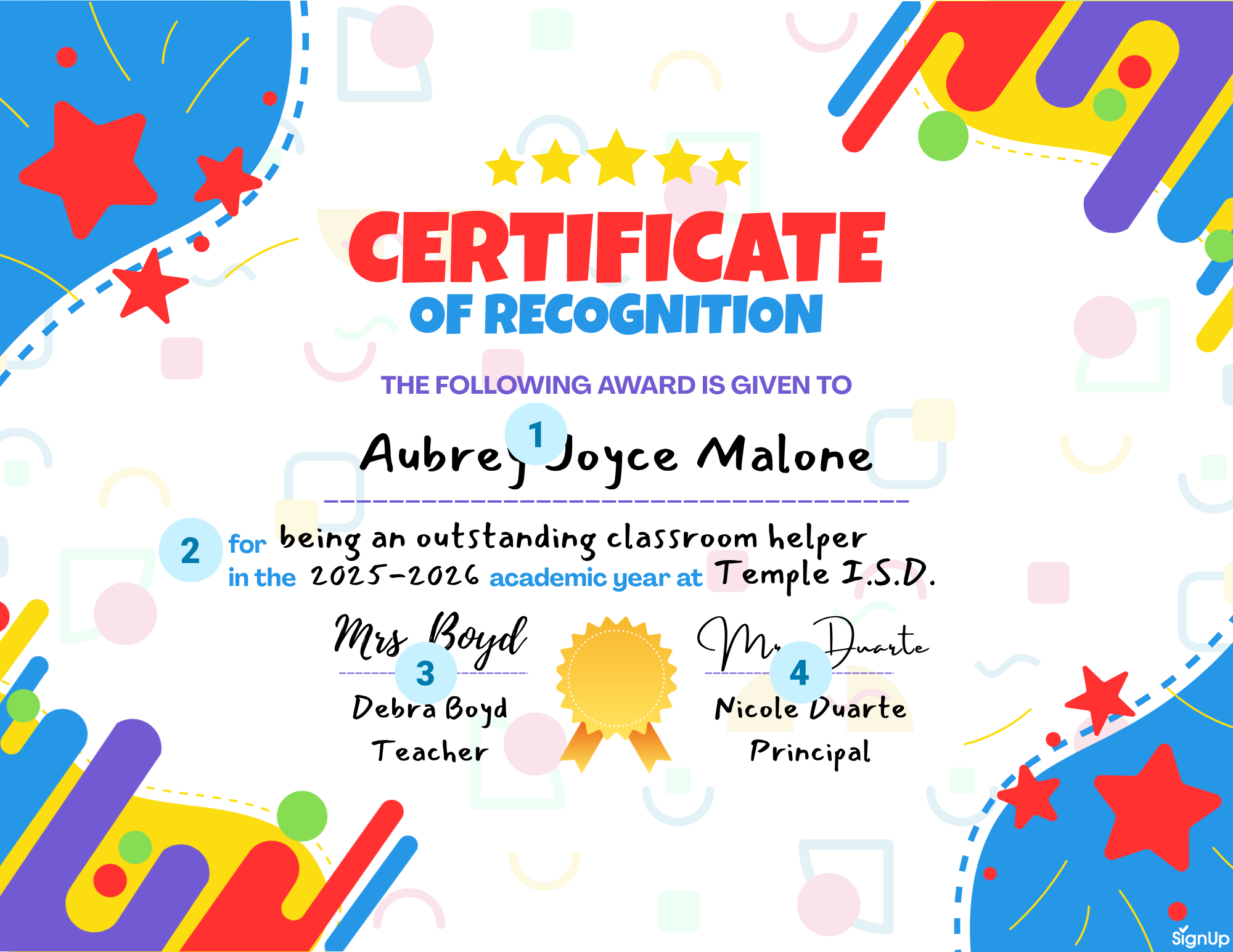 Certificate of Recognition for the last day of school