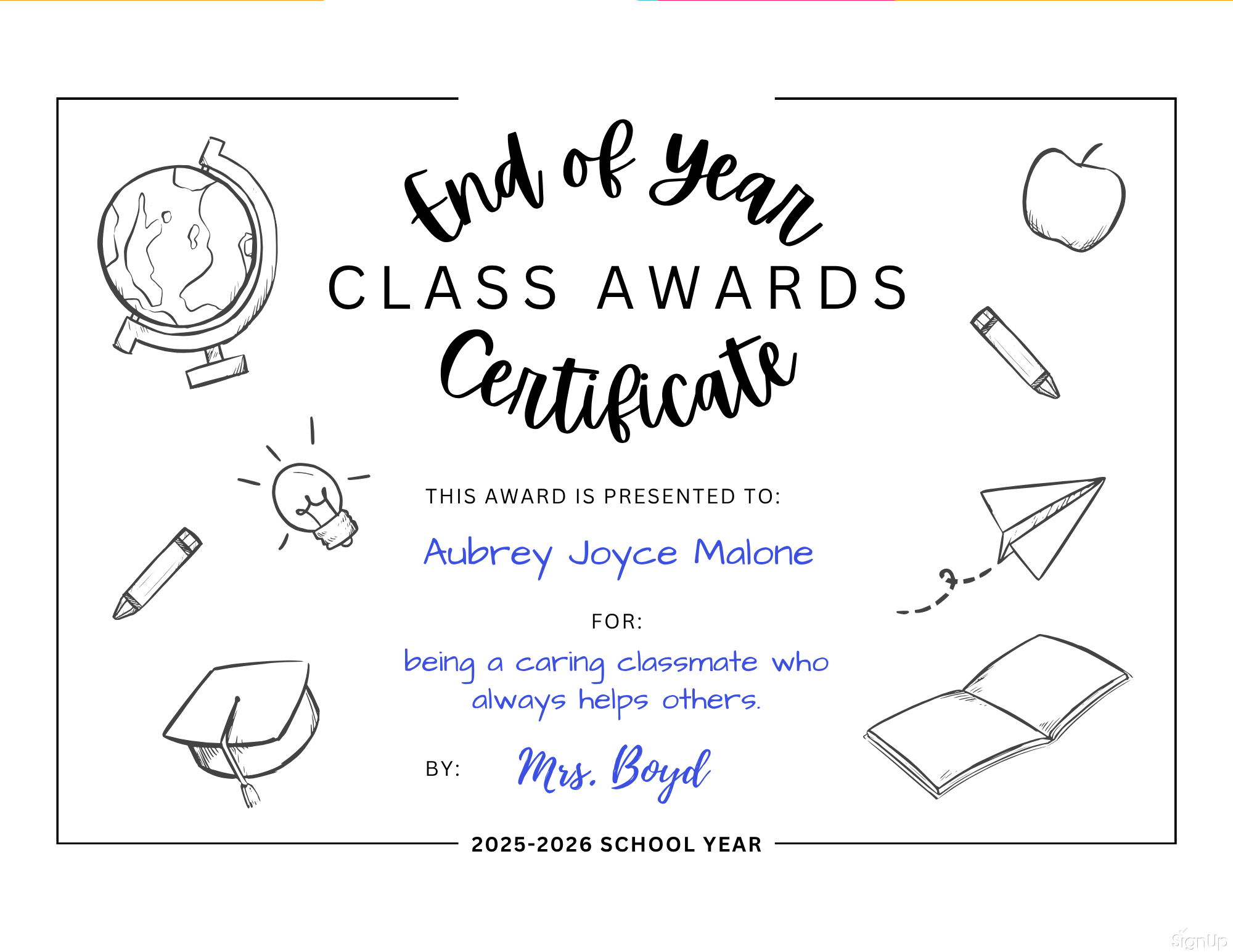 End of Year Class Awards Certificate black and white