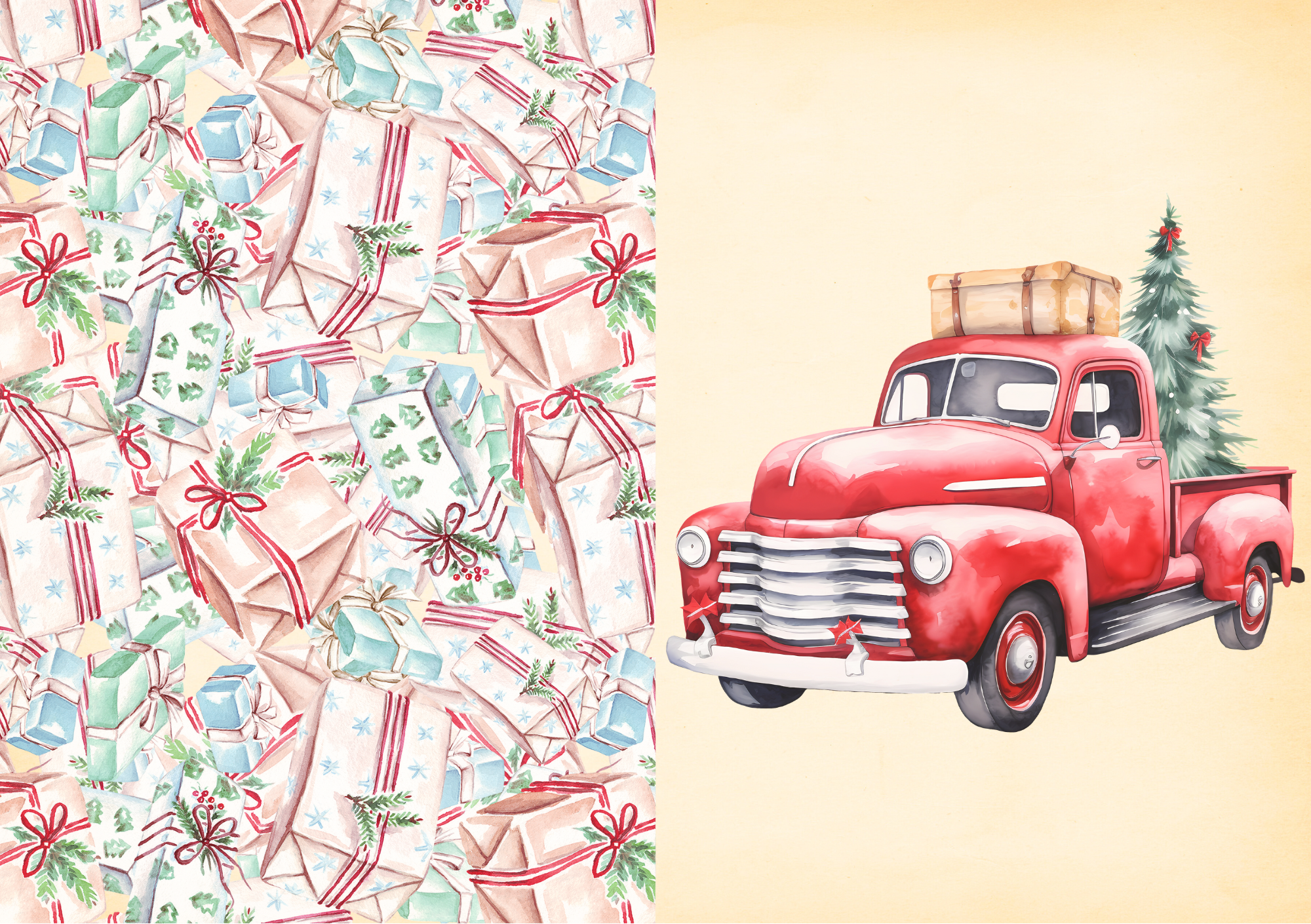 Vintage Holiday Card Watercolor Red Truck