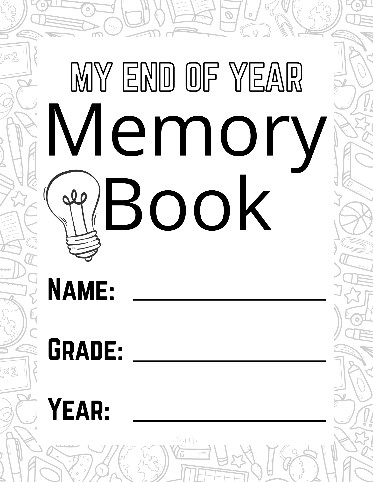 printable My End of Year Memory Book cover