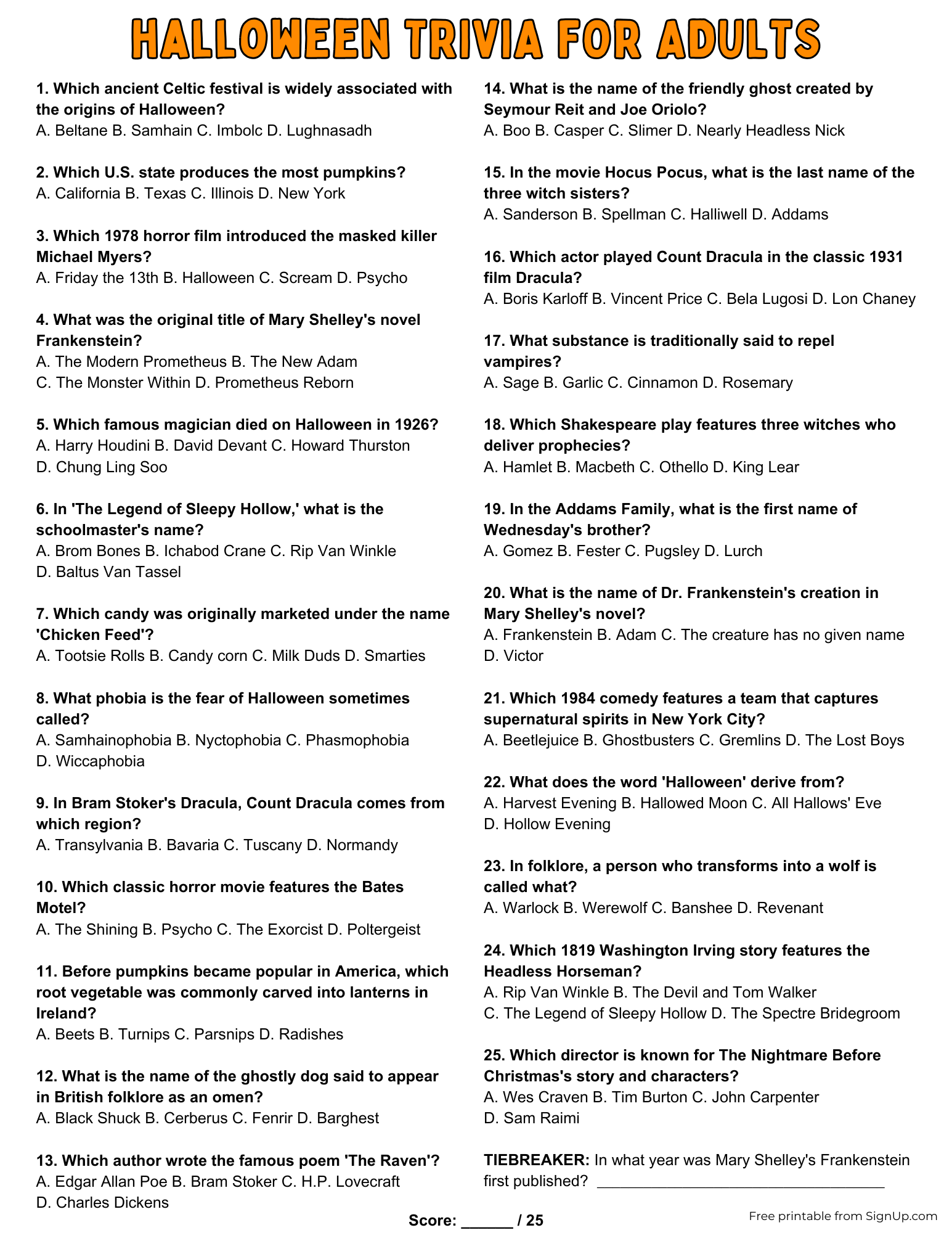 Printable Halloween trivia sheet for adults