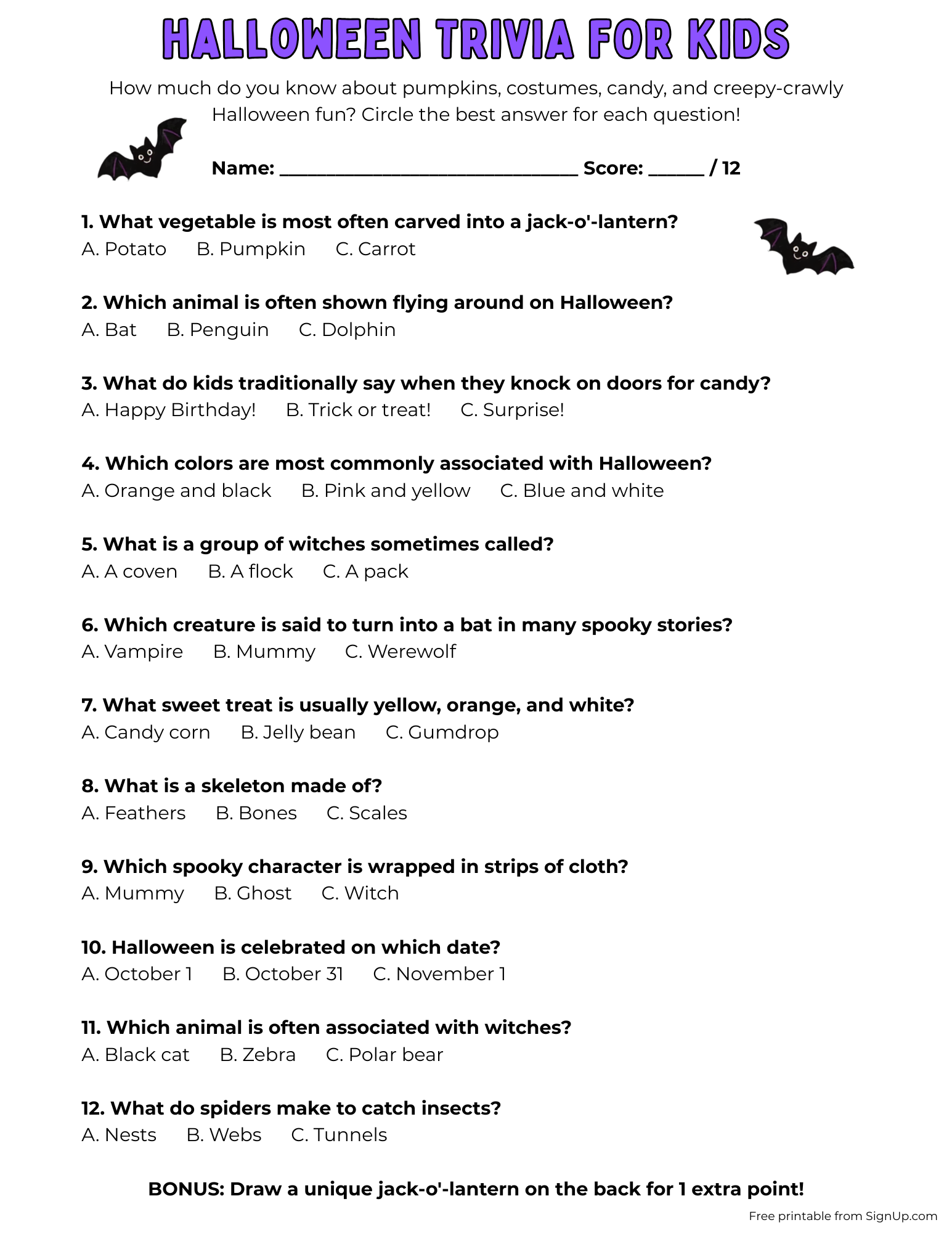 Printable Halloween trivia sheet for kids