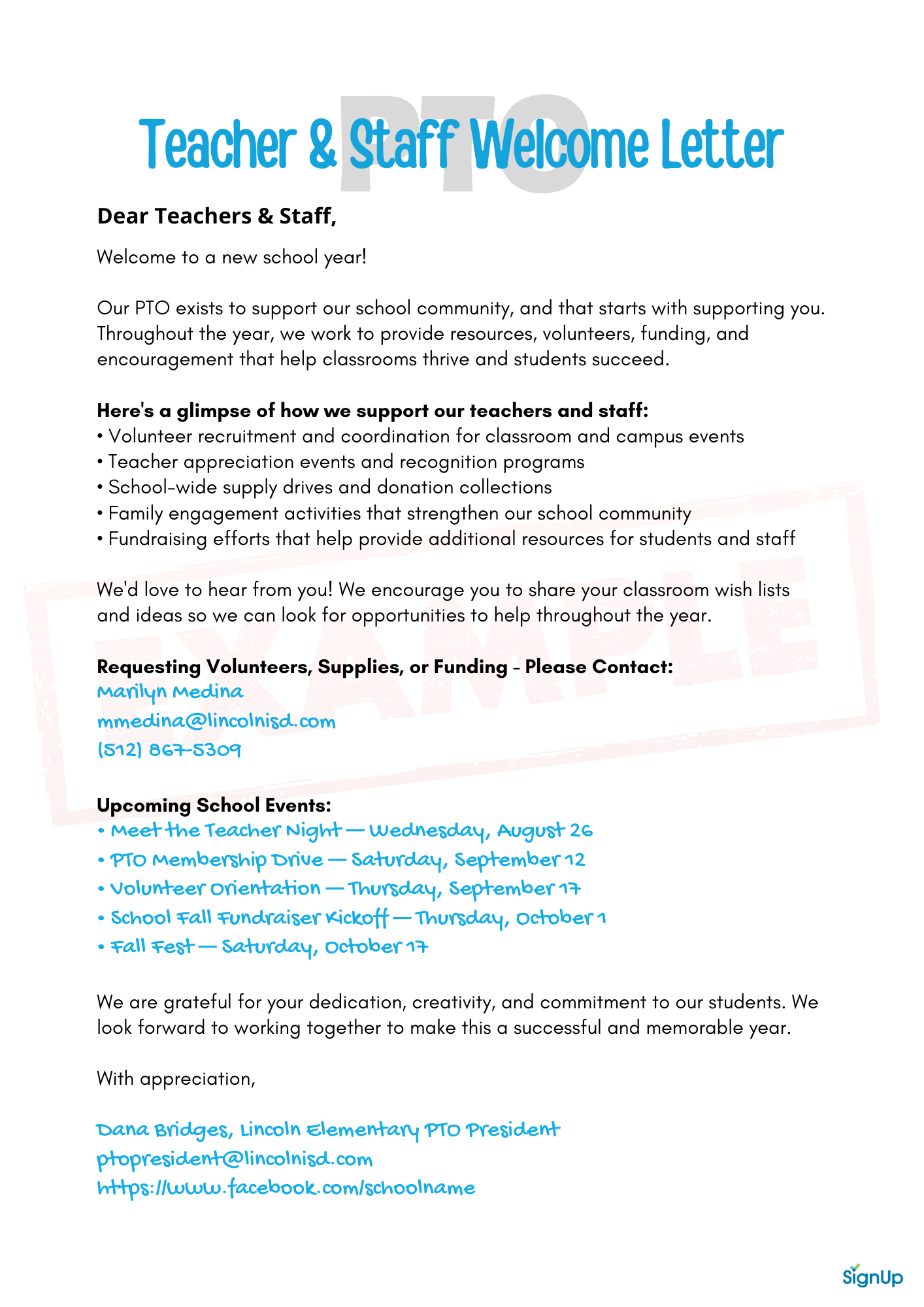 PTO Welcome Letter to Teachers example