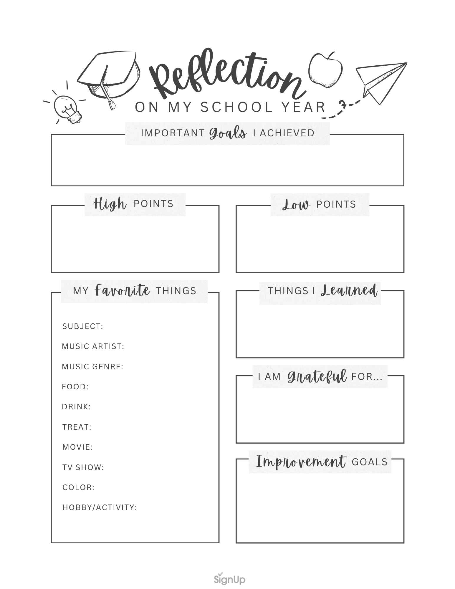 black and white end of year reflection worksheet
