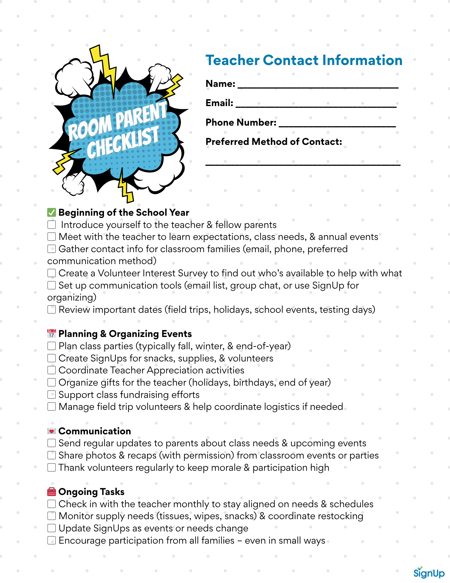 Printable Room Parent Checklist